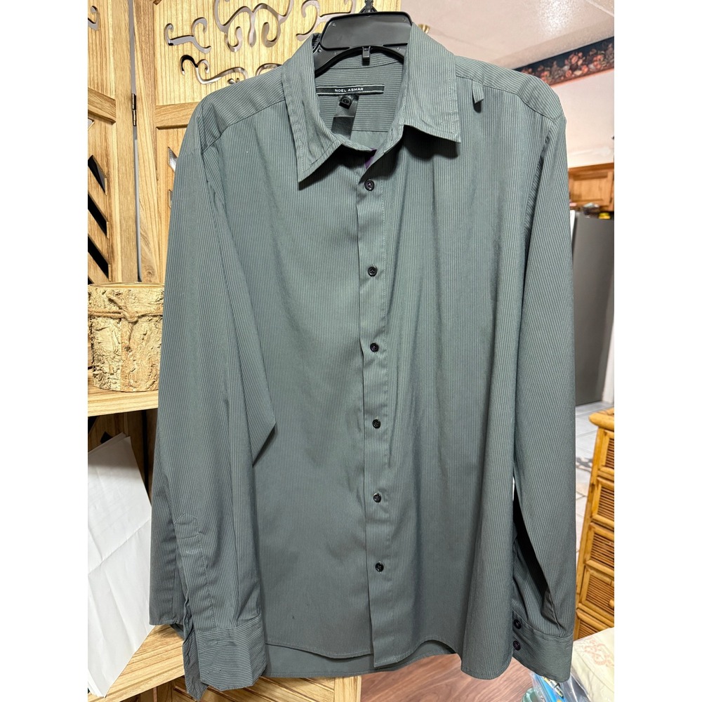 Noel Asmar Men's Large Button Up Shirt Green Gray Textured Long Sleeve